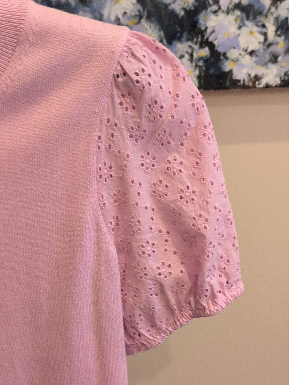 J. Crew Light Pink Eyelet Puff Sleeve Knit Tee - Picture 2 of 4